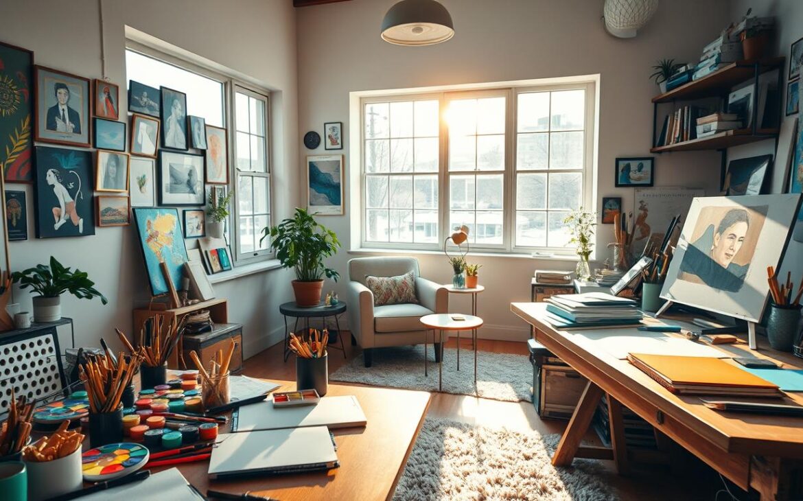 Creative space with art supplies and a desk Creative space with art supplies and a desk